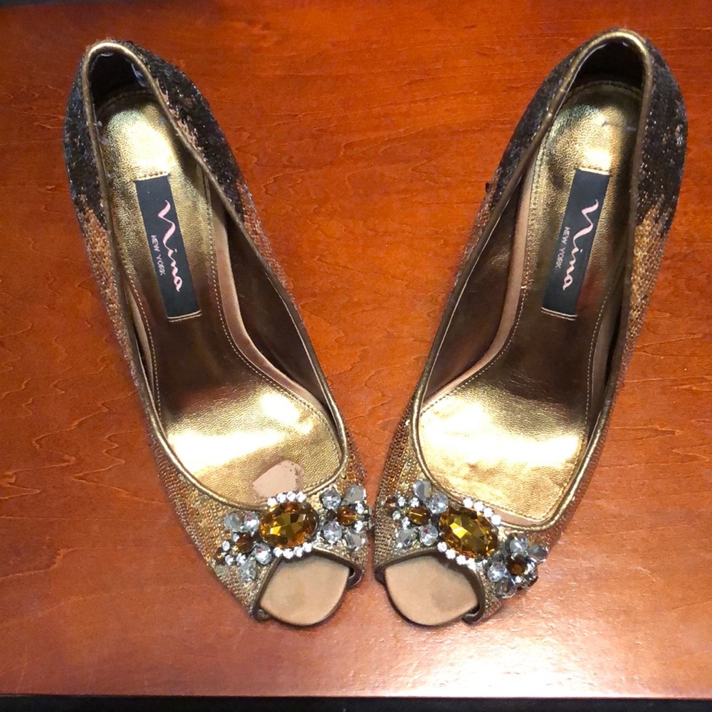 Gold sequin peep toe pumps